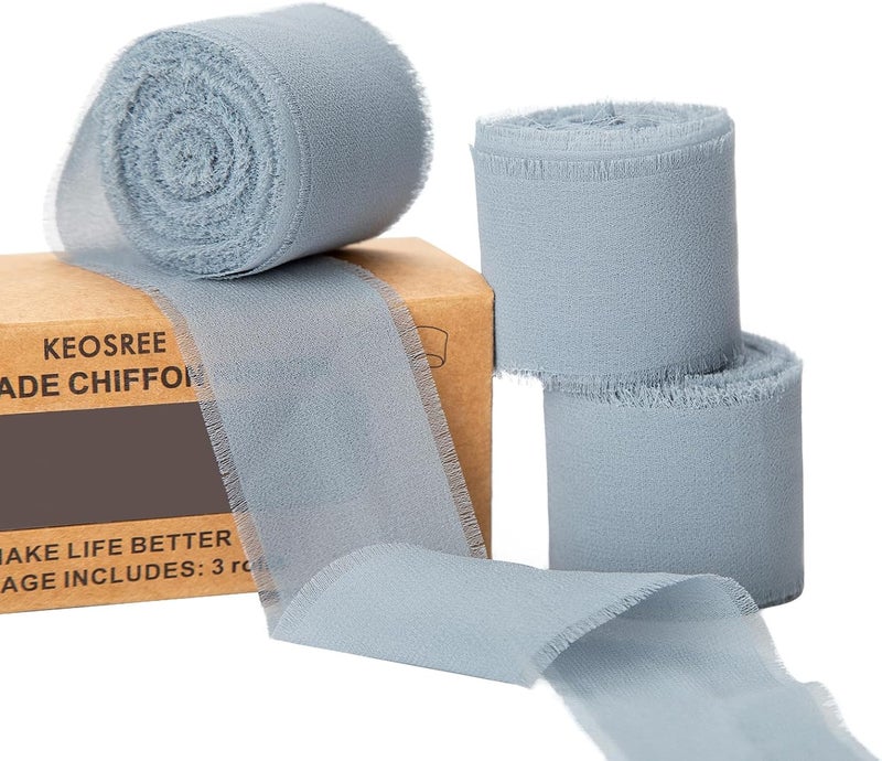 KEOSREE 3 Rolls Dusty Blue Handmade Chiffon Ribbon,1.5" x 21Yd Frayed Fringe Silk Ribbons (3 Rolls *7Yd) for Gifts Wrapping, Wedding Invitations, Bridal Bouquets, Decorations - Image 1